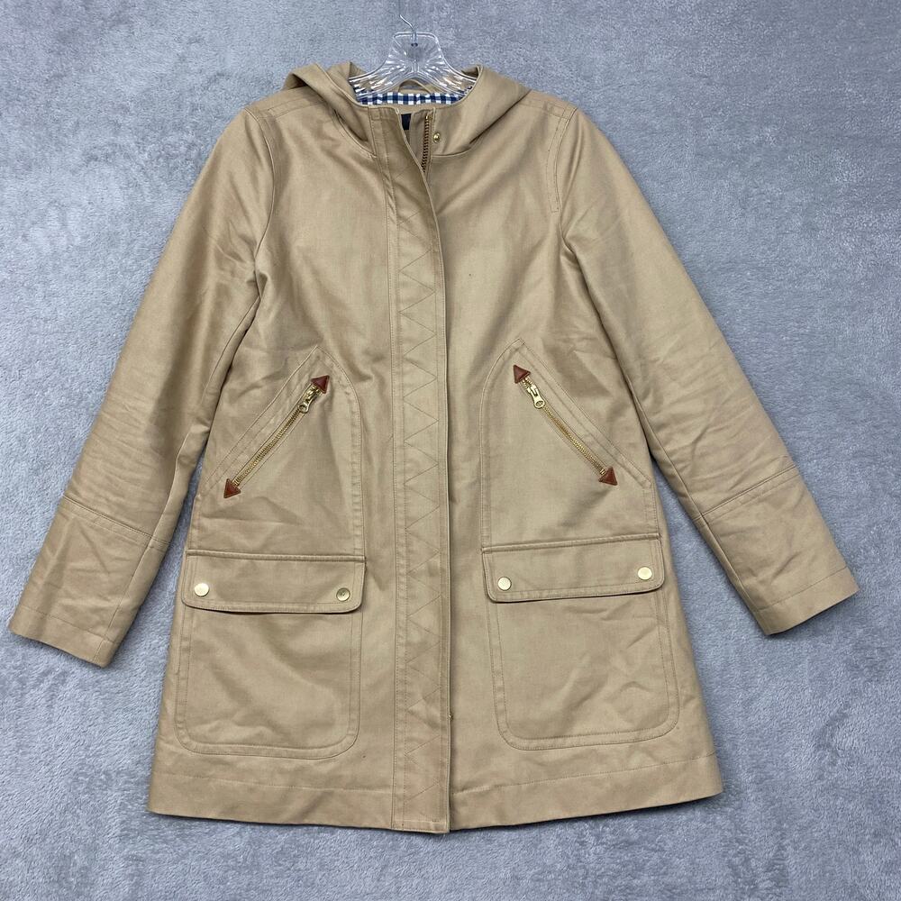 J Crew Coat Womens 4 Beige Gingham Chateau Trench Hood Zip Minimal Neutral